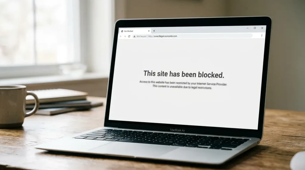 Blocked-site notice page shown when an internet provider stops routing to an illegal casino