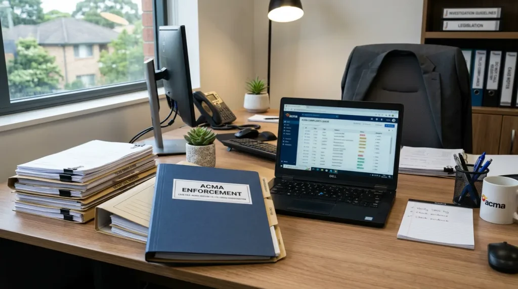 Regulator desk showing ACMA enforcement casework of complaints, investigations and formal warnings