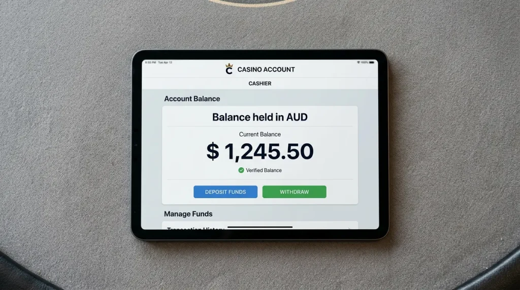Australian dollar symbol on a casino cashier screen showing balances held in AUD end to end