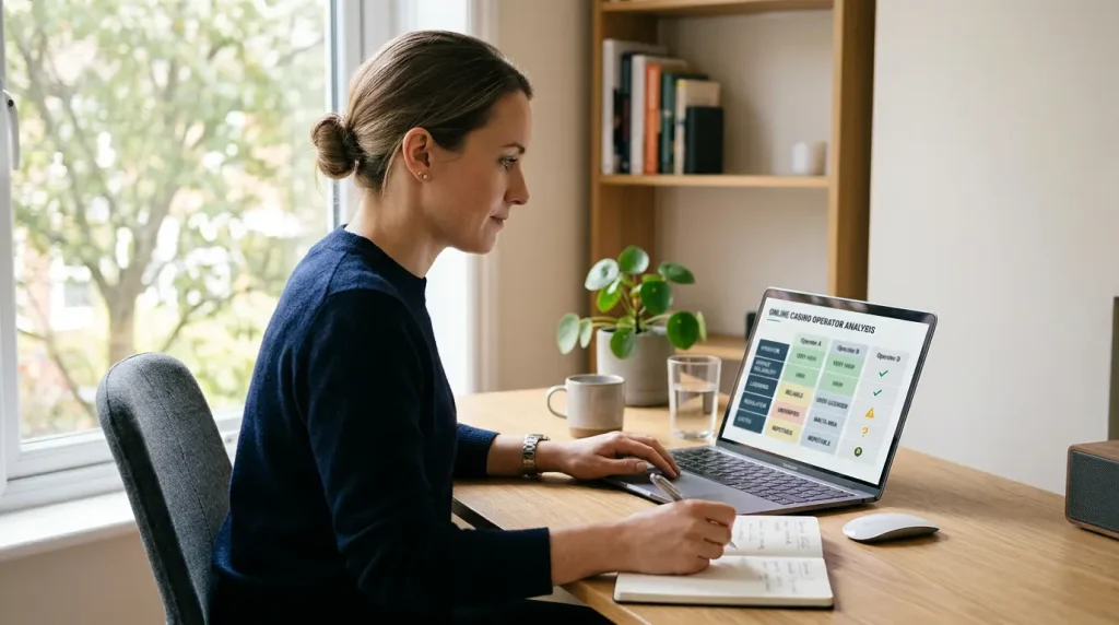 Analyst reviewing best PayID casinos for payout reliability and licensing on a laptop for Australian players