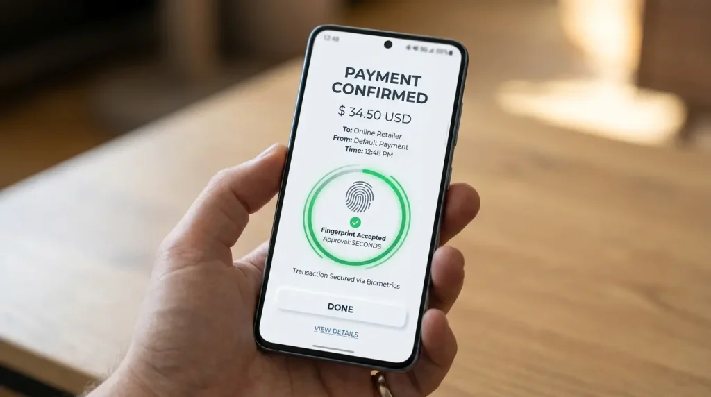 Biometric approval confirming a mobile PayID payment in seconds