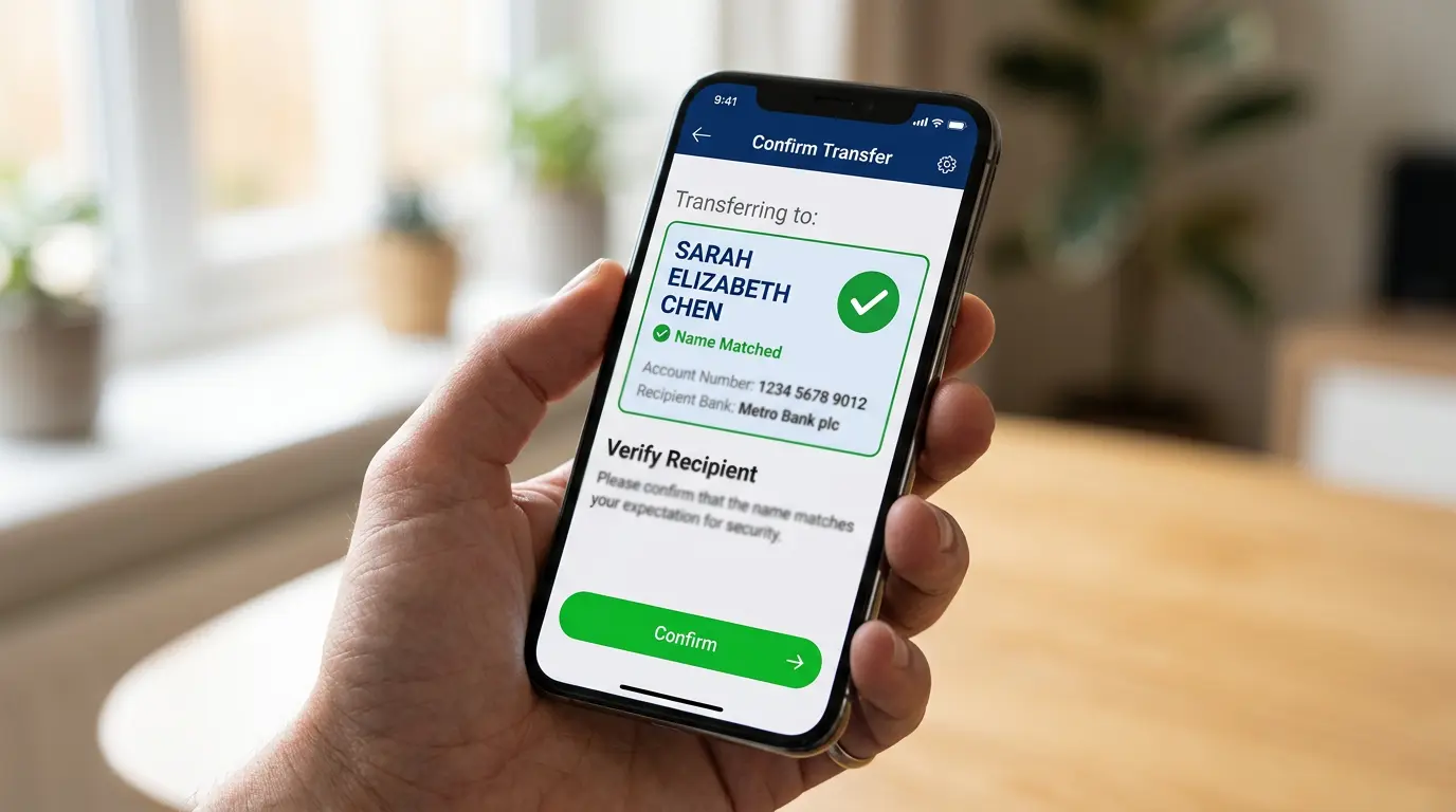 Mobile screen showing a Confirmation of Payee name-check before a transfer is confirmed