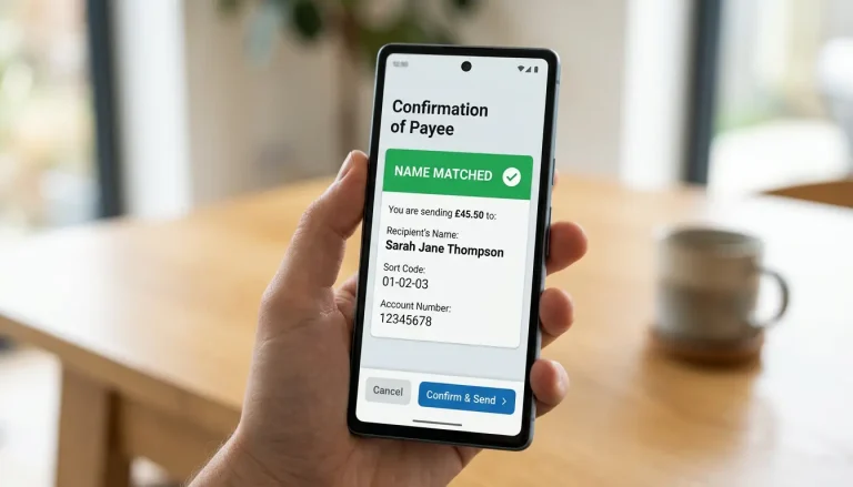 Confirmation of Payee name-check result shown before sending a payment