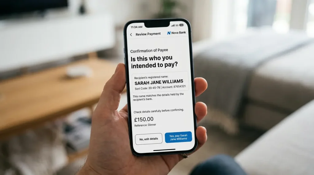 Phone screen showing a Confirmation of Payee name-check before a PayID casino deposit is confirmed