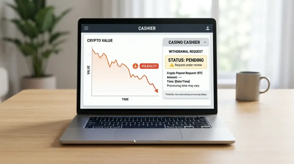 Simple graphic showing a crypto balance falling in value while a casino payout is still pending