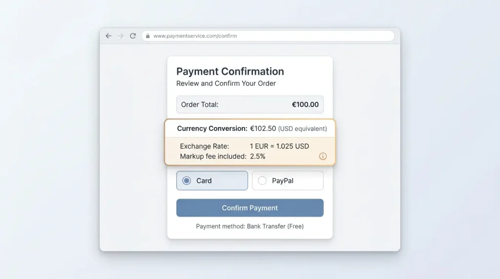 Currency conversion as a hidden cost around a free PayID transfer