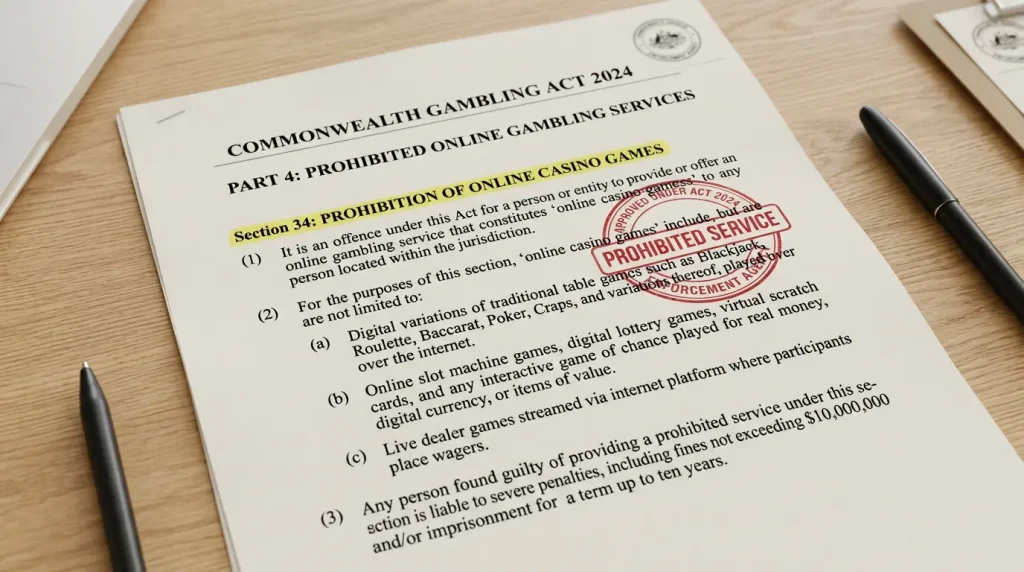 Interactive Gambling Act document marking online casino games as a prohibited service in Australia