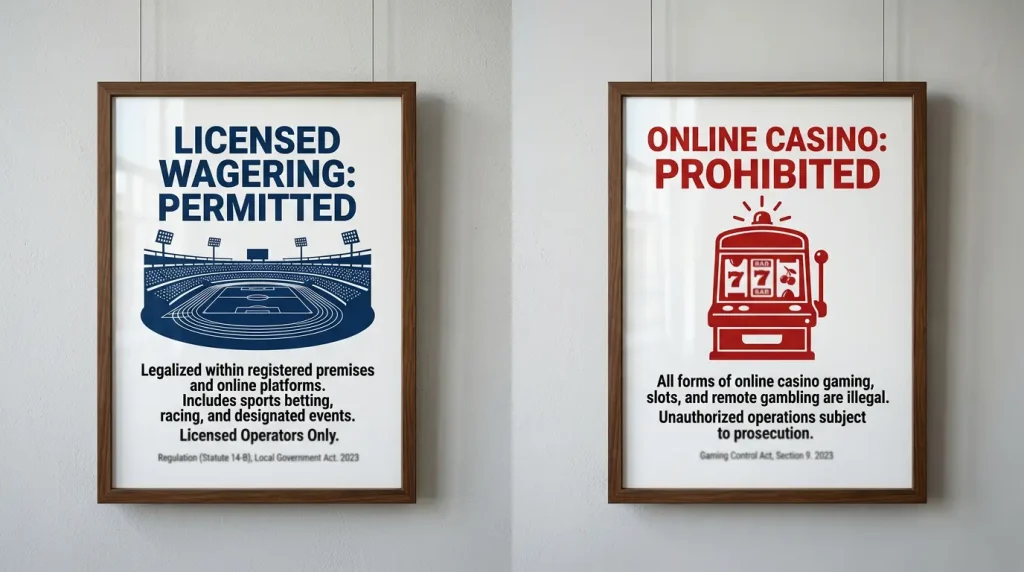 Split illustration contrasting licensed Australian sports wagering with prohibited online casino gaming