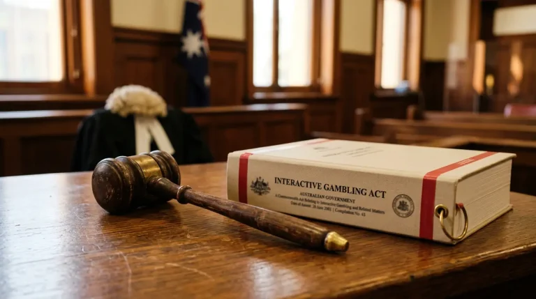 Australian legal documents and gavel representing the law that governs PayID casino legality in Australia