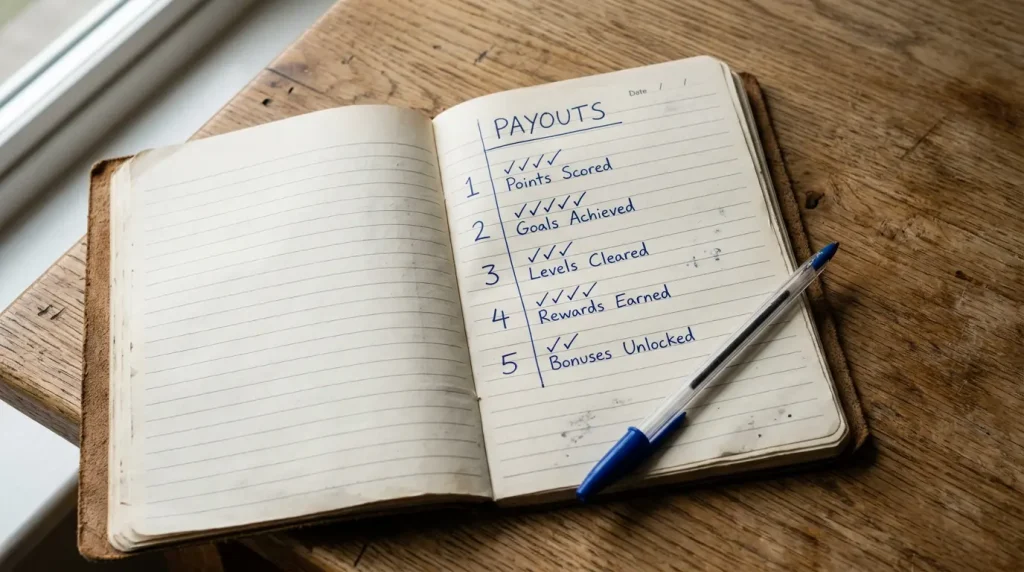 Notebook showing a five-pillar scoring method used to rank PayID casinos by payout and trust