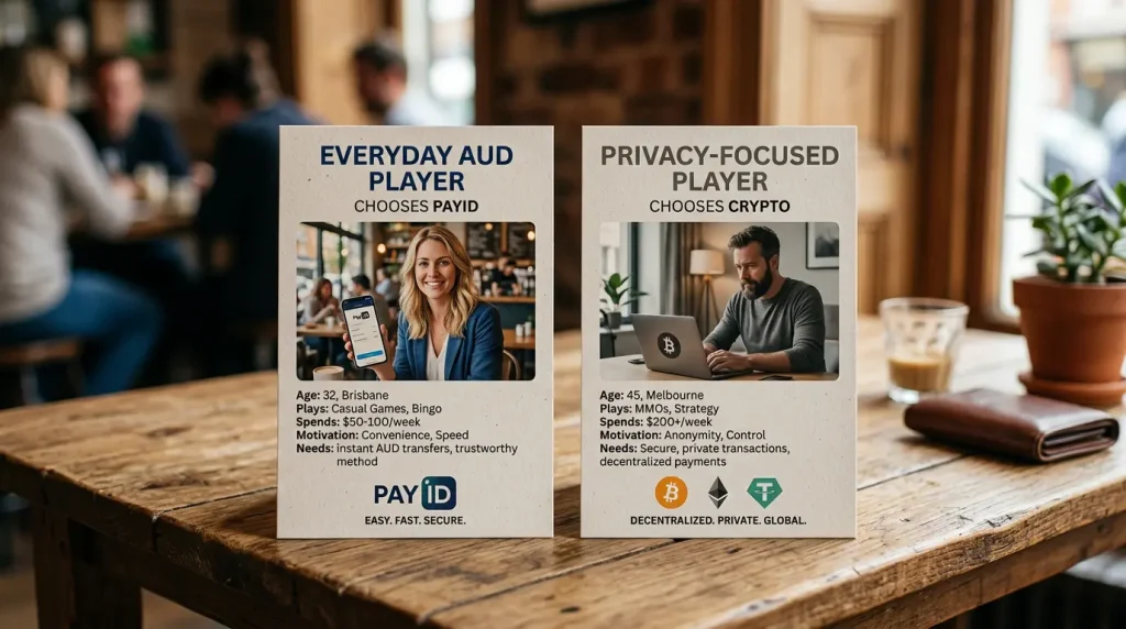Two player profiles matching PayID to everyday AUD users and crypto to privacy-focused players