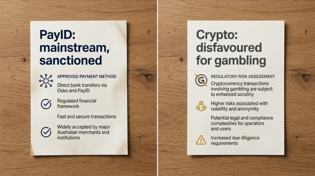 Contrast of the regulatory posture toward mainstream PayID and disfavoured crypto for gambling