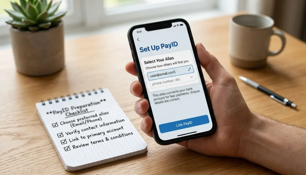 Hand holding a phone open to a banking app PayID screen before a casino deposit