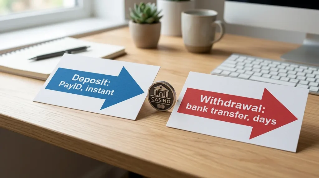 Diagram showing a casino accepting PayID for deposits but returning withdrawals by bank transfer