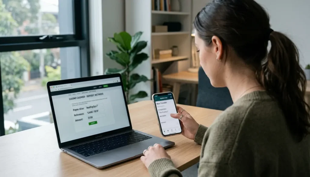 Person copying a casino PayID alias into a banking app to send a deposit
