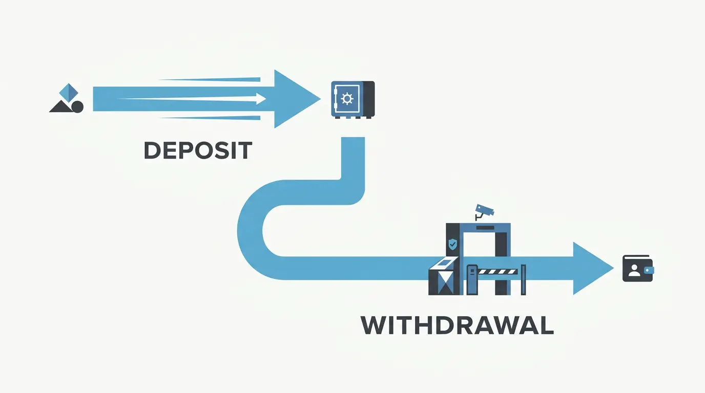 Diagram contrasting a fast PayID deposit with a gated PayID casino withdrawal