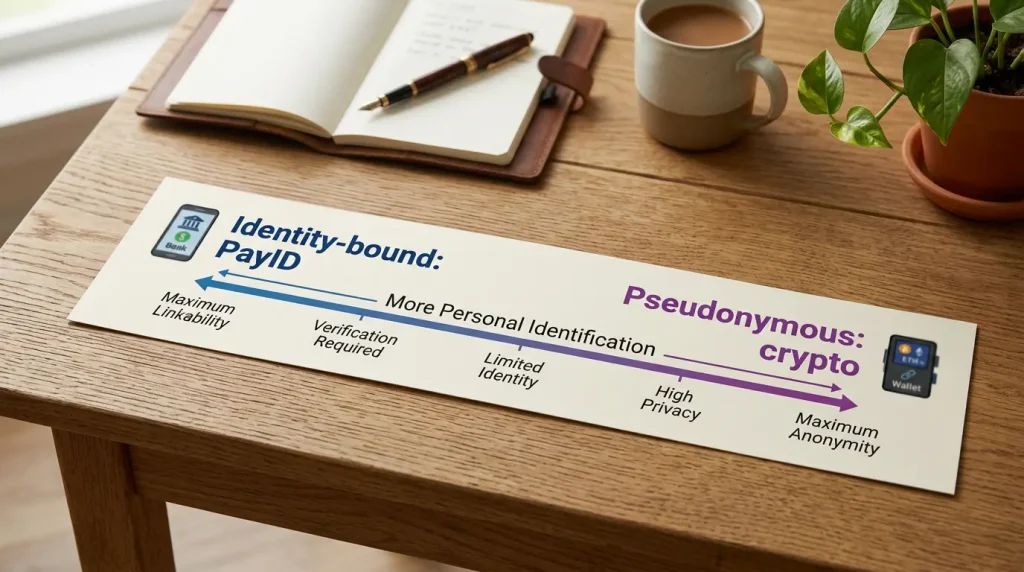 Privacy spectrum contrasting identity-bound PayID KYC with pseudonymous crypto transactions