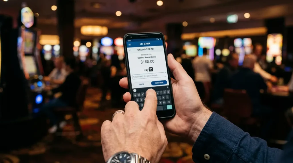 Person paying a casino from a banking app with PayID instead of entering full card details