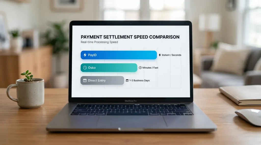 Simple chart comparing PayID payout settlement speed against card and bank transfer rails