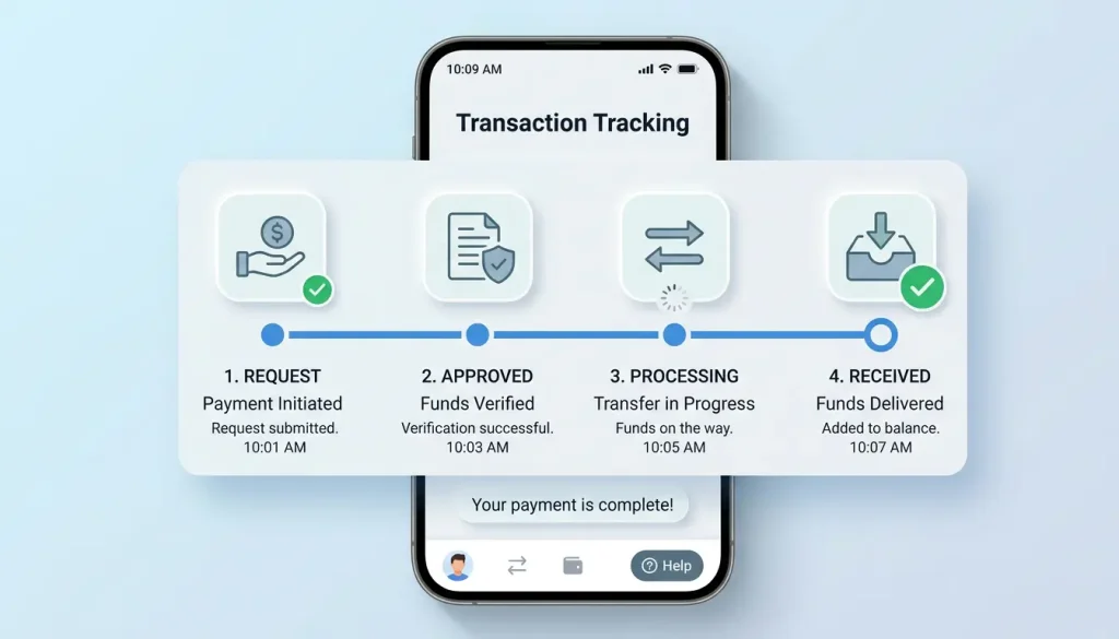 Timeline showing the stages of a PayID casino withdrawal from request to payout