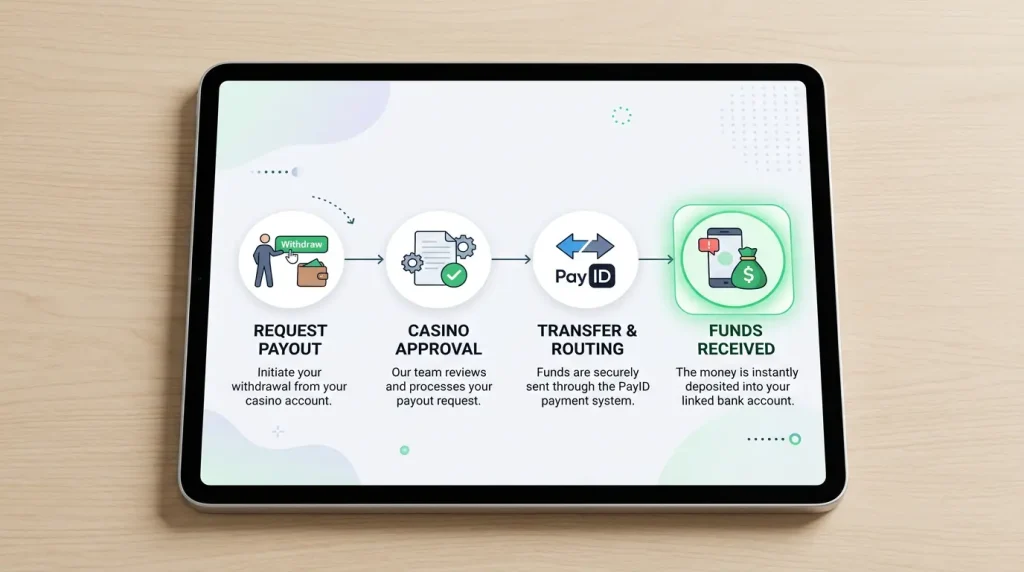 Step by step timeline of a PayID casino payout from request through approval to real-time settlement