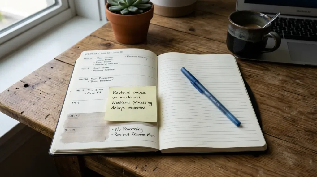 Calendar planner marking weekend days when a casino review team pauses PayID payout processing