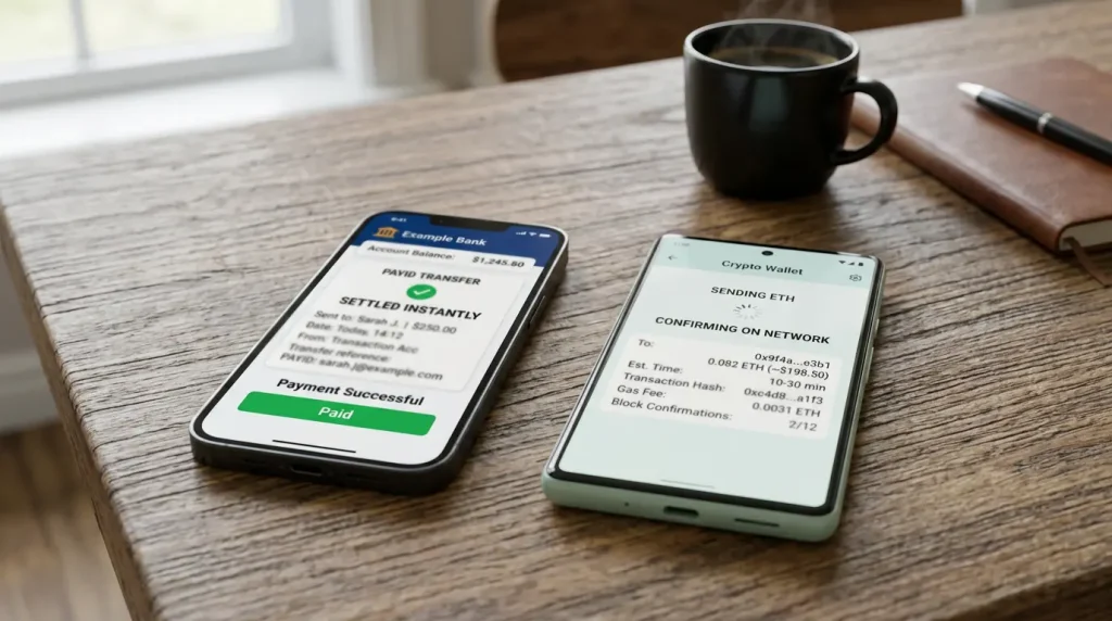 Real-time PayID settlement on a banking app contrasted with a slower blockchain confirmation