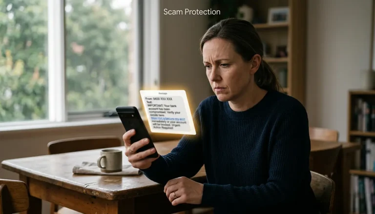 Suspicious PayID scam text message shown on a phone with a warning