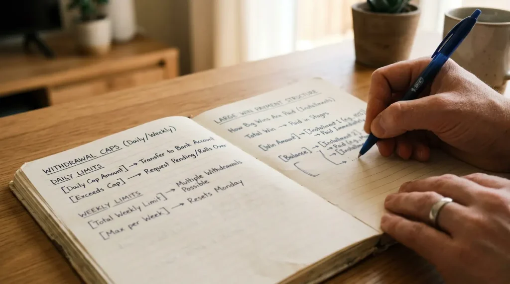 Notebook showing daily and weekly PayID withdrawal limits splitting a large win into instalments