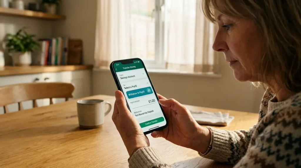 Person testing a PayID casino payout by sending a small deposit and requesting a withdrawal on a phone