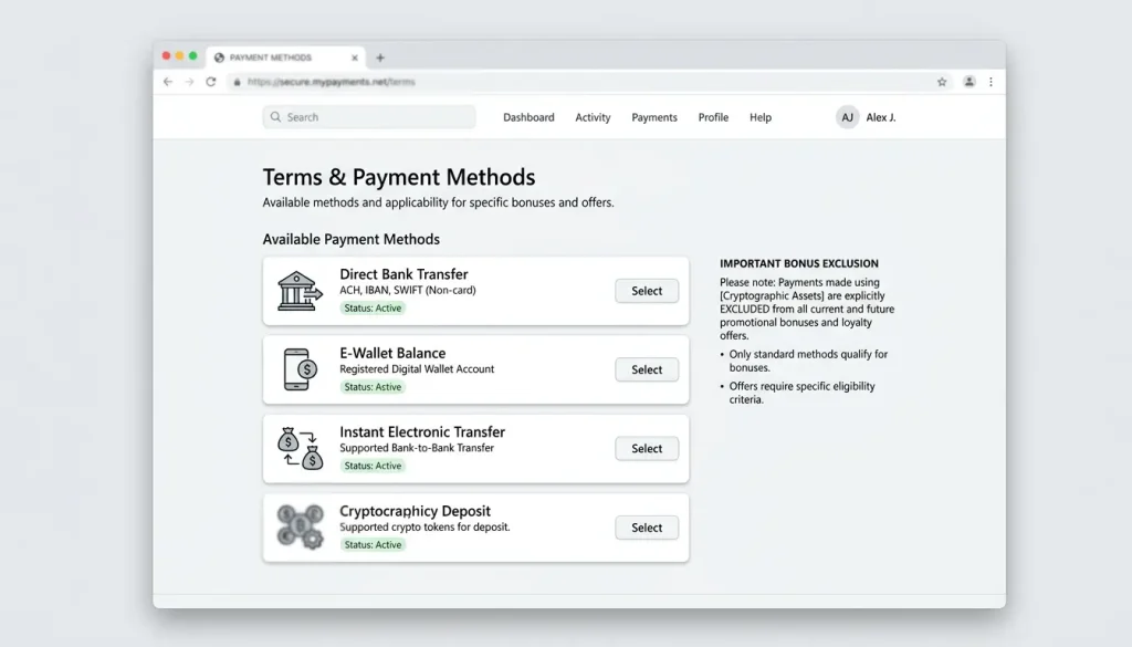 Bonus terms excluding certain payment methods from eligibility
