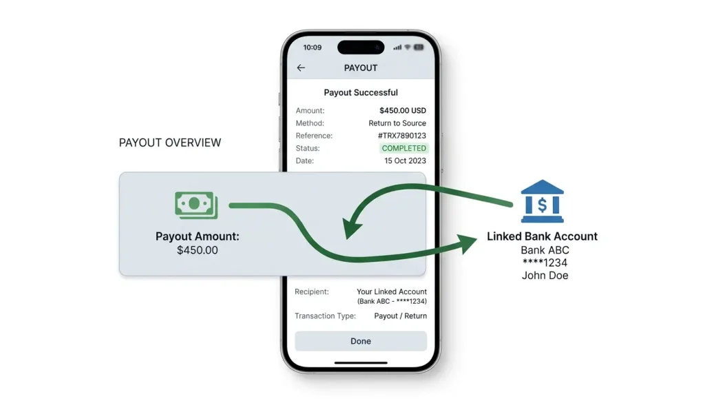 Payout returning to the same linked bank account by transfer