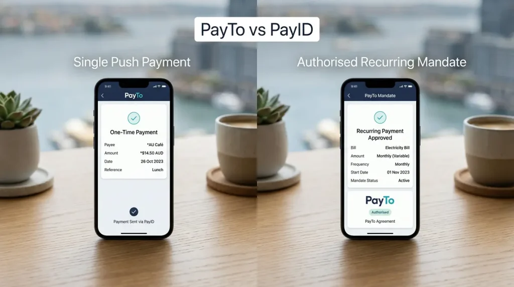 PayTo and PayID payment models compared on a mobile screen