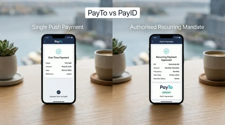 PayTo and PayID payment models compared on a mobile screen