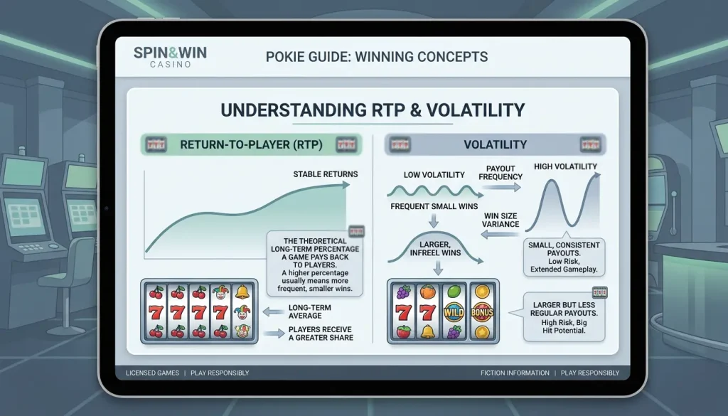 Simple visual explaining pokie return-to-player and volatility without numbers