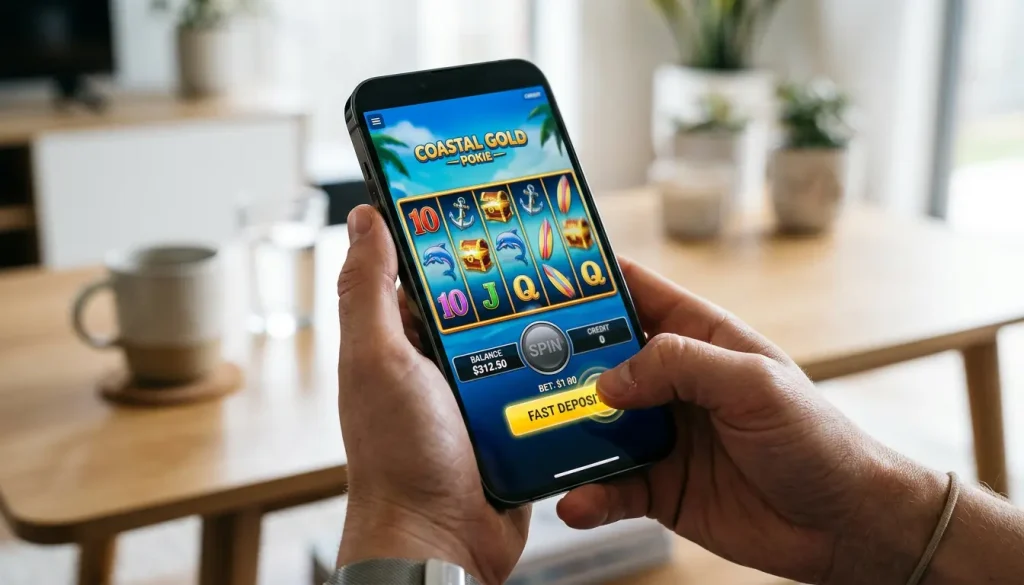 Fast PayID top-up flowing into a mobile pokie game between spins