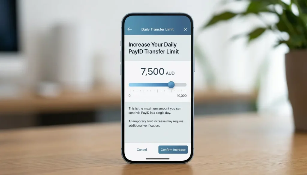 Adjusting a daily PayID transfer limit inside a banking app