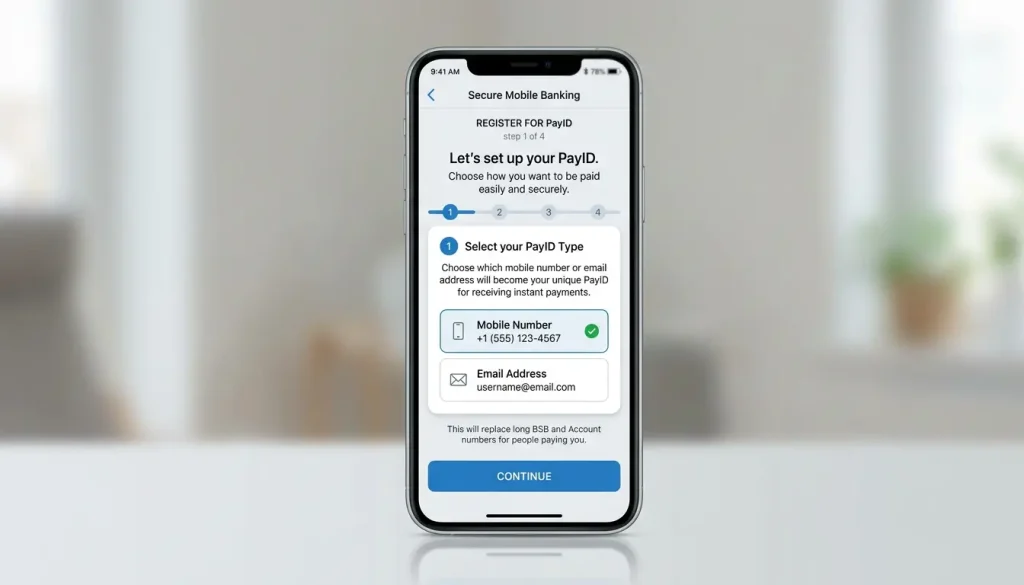 Step-by-step PayID registration screen inside a banking app