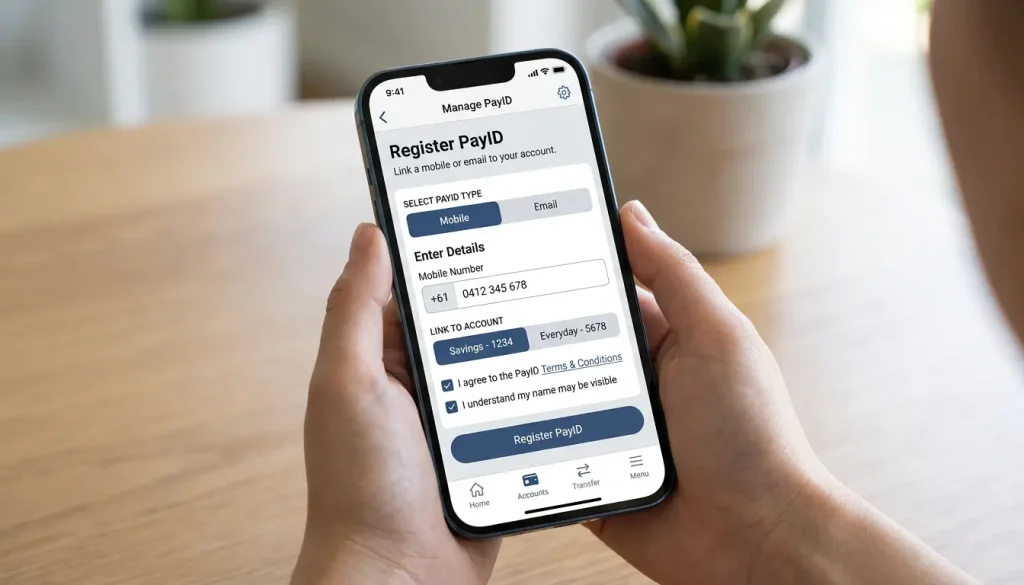 Registering a PayID alias inside an Australian banking app