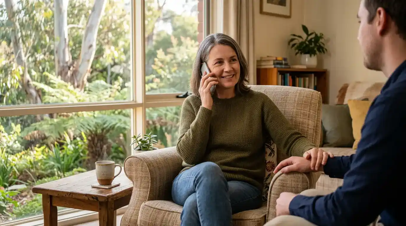 Calm supportive scene representing responsible gambling and help-seeking in Australia