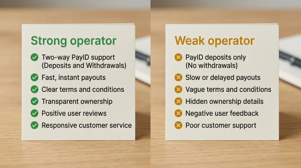 Side-by-side checklist contrasting a strong two-way PayID casino with a weak deposit-only operator