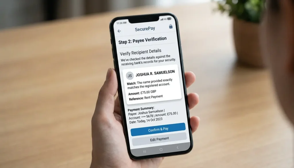 Banking app showing the casino payee name to verify before confirming a PayID deposit