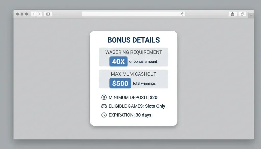 Bonus terms screen highlighting wagering requirement and maximum cashout limits