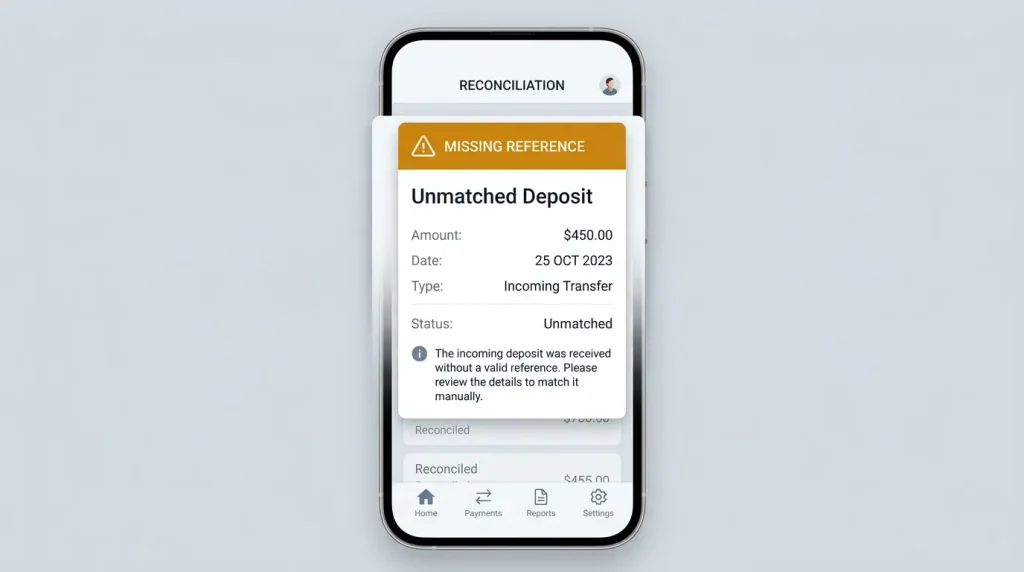 A wrong reference leaving a PayID deposit unmatched at the casino